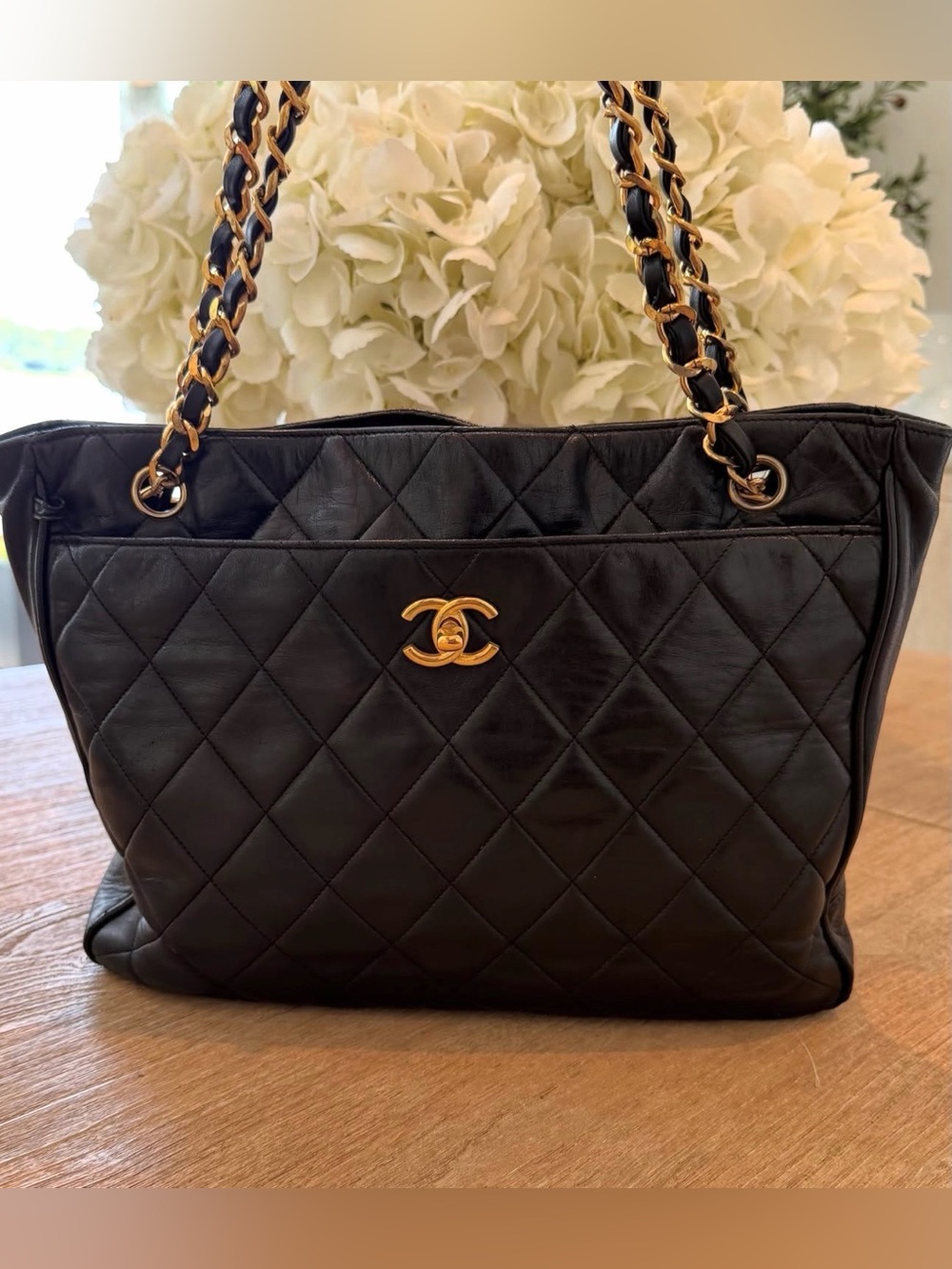 CHANEL Black Quilted Leather Shoulder Tote with Gold Chain Hardware